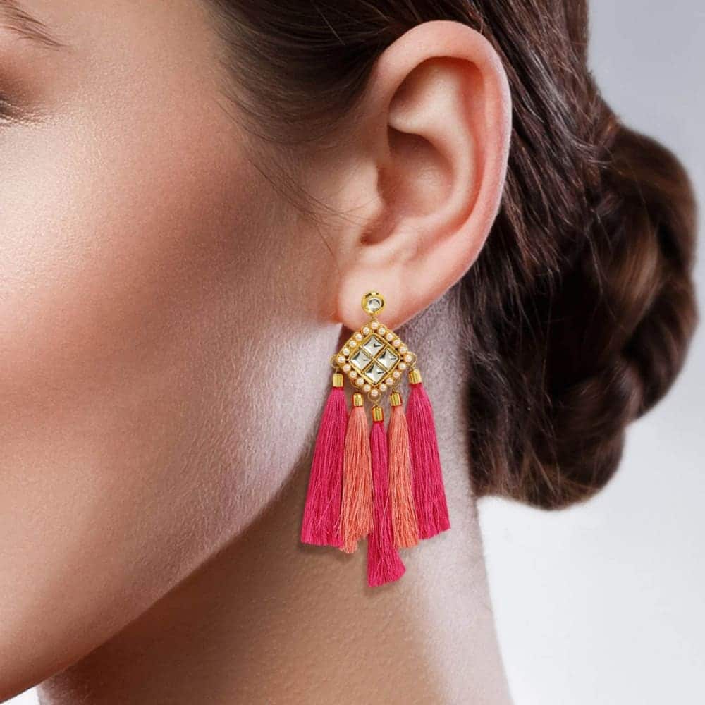 ACCESSHER Kundan and Tassle Dangle Pink Earrings for Women