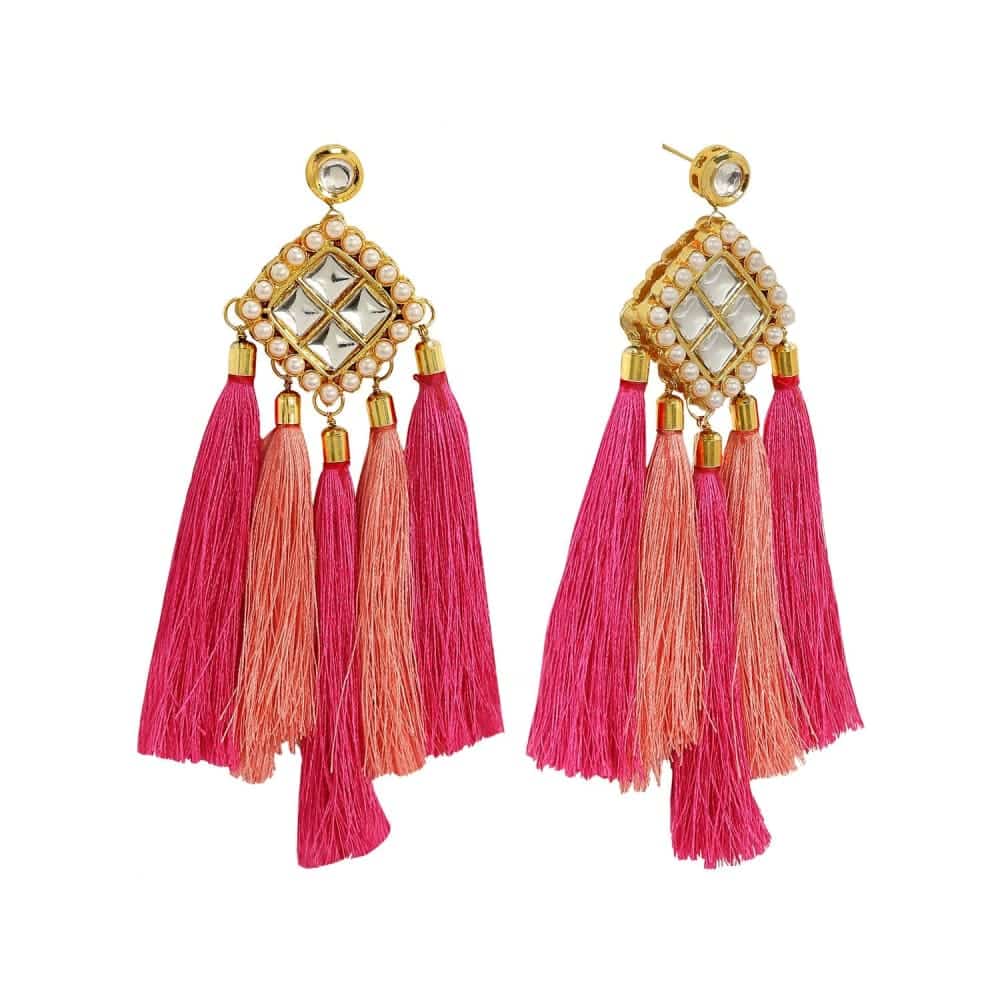 ER0118GC100GMULTI -AccessHer girly and glamrous peach pink  kundan and tassle earrings for women and girls - access-her