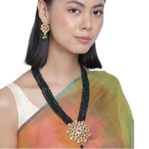 Kundan Embellished Long Green Beads Necklace Set