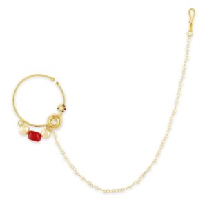Kundan Pearl and  Ruby Bead Embellished Nose Ring with Pearl Chain for Women