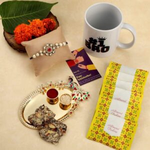 Kundan & Ruby Floral Design Rakhi with Greeting Card for Brother & Gifting