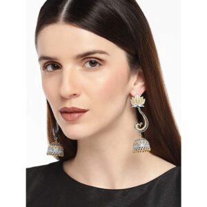 Lotus Peacock German Silver Dual Tone Jhumki Oxidised Dangle Earrings for Women