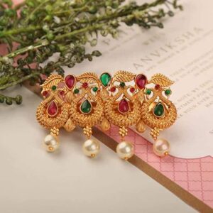 Matt Gold Plated Emerald and Ruby Embellished Hair Barrette Buckle Clip for Women