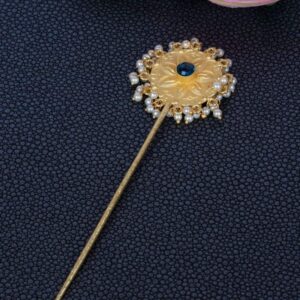 Matt Gold Plated Hair Stick Embellished with Pearls and Blue Stone for Women