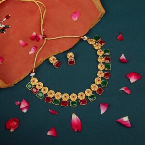 Matt Gold Plated Traditional Ruby & Green Stone Studded Necklace Set with Earrings for Women 