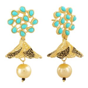 Matte Gold Antique Jhumki earrings with turquoise stones for women