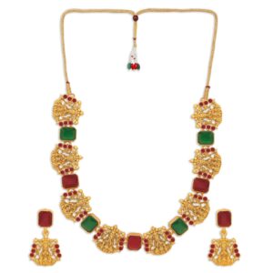 Matte Gold Plated Goddess Lakshmi Temple Jewellery Set with Earrings for Women