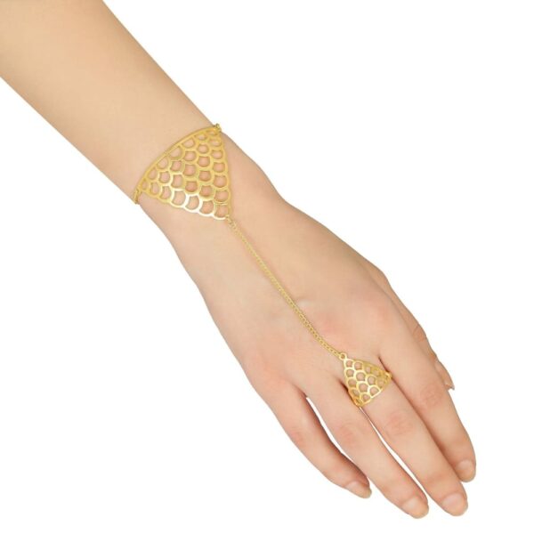 BR0118SR260G2 -AccessHer Matte gold plated contemporary Triangular Shape Hand chain/ Haathphool/ bracelet with ring for women and girls - access-her