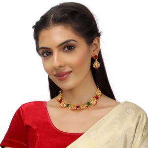 Matte Gold Plated Lord Ganesha Temple Jewellery Set with Earrings for Women
