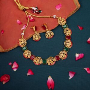 Matte Gold Plated Lord Ganesha Temple Jewellery Set with Earrings for Women