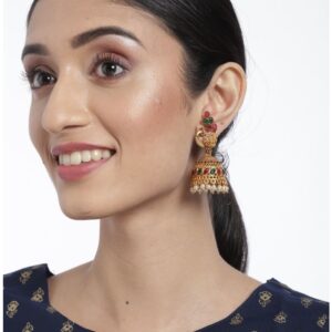 Matte Gold Plated Ruby Green Studded Dome Shaped Jhumki Earrings