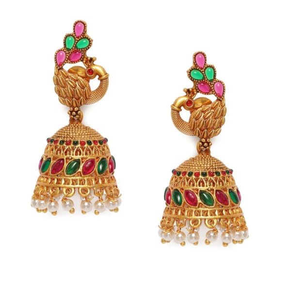 Matte Gold Plated Ruby Green Studded Dome Shaped Jhumki