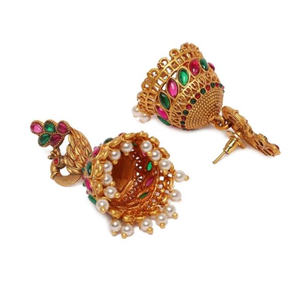 Matte Gold Plated Ruby Green Studded Dome Shaped Jhumki