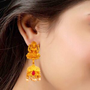 Matte Gold with ruby, green lakshmi temple Jhumki earrings
