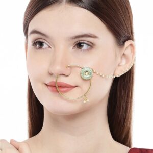 Mint Green Enameled Nose Ring with pearl Chain for Women