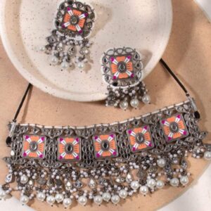 Mirror and Meenakari Embellished Oxidized Silver Choker Set for Women