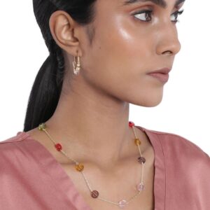 Multi Beads Embellished Contemporary Long Chain Necklace with Hoop Earrings for Women