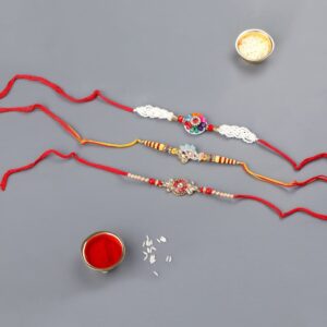 Multi Gift Set of 4 with Beads Rakhis Pack of 3 & Greeting Card