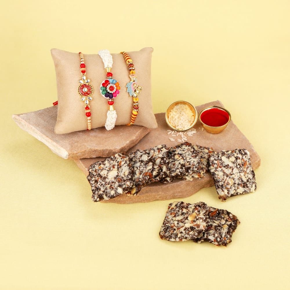Multi Gift Set of 4 with Beads Rakhis Pack of 3 & Greeting