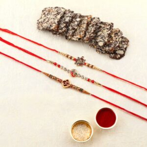 Multi Gift Set of 4 with Deity Inspired Rakhis Pack of 3 & Greeting Card