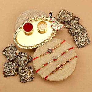 Multi Gift Set of 4 with Deity Inspired Rakhis Pack of 3 & Greeting Card