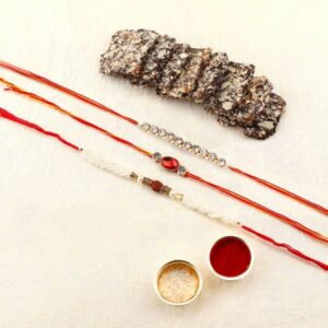 Multi Gift Set of 4 with Delicate Beads Rakhis Pack of 3 & Greeting Card
