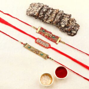 Multi Gift Set of 4 with Statement Fabric Rakhis Pack of 3 & Greeting Card