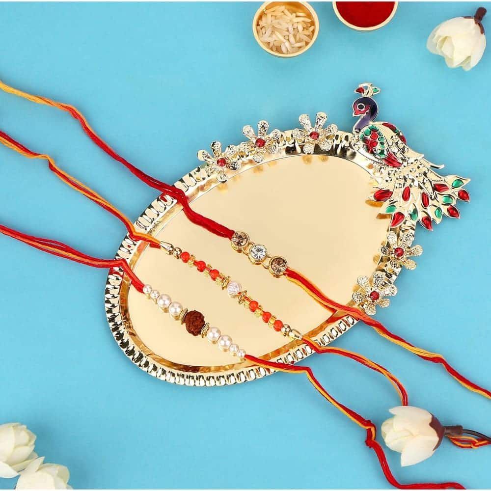 Multi Gift Set of Delicate Rakhis Pack of 3 with Greeting