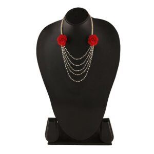 Multi Strand Pearl Necklace with Artificial Red  Rose for Women