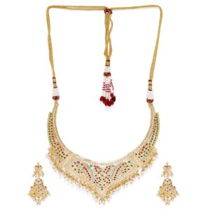 Multicolour Gold Finish Studded Jadau Necklace Set for Women