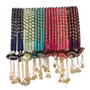 Multicolour Silk Thread Bangles with Golden Beads and Latkan Set of 24 for Women