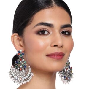 Multicolour Silver Plated Chandbali Earrings | Indian Festive Jewellery | Antique Look Jewellery