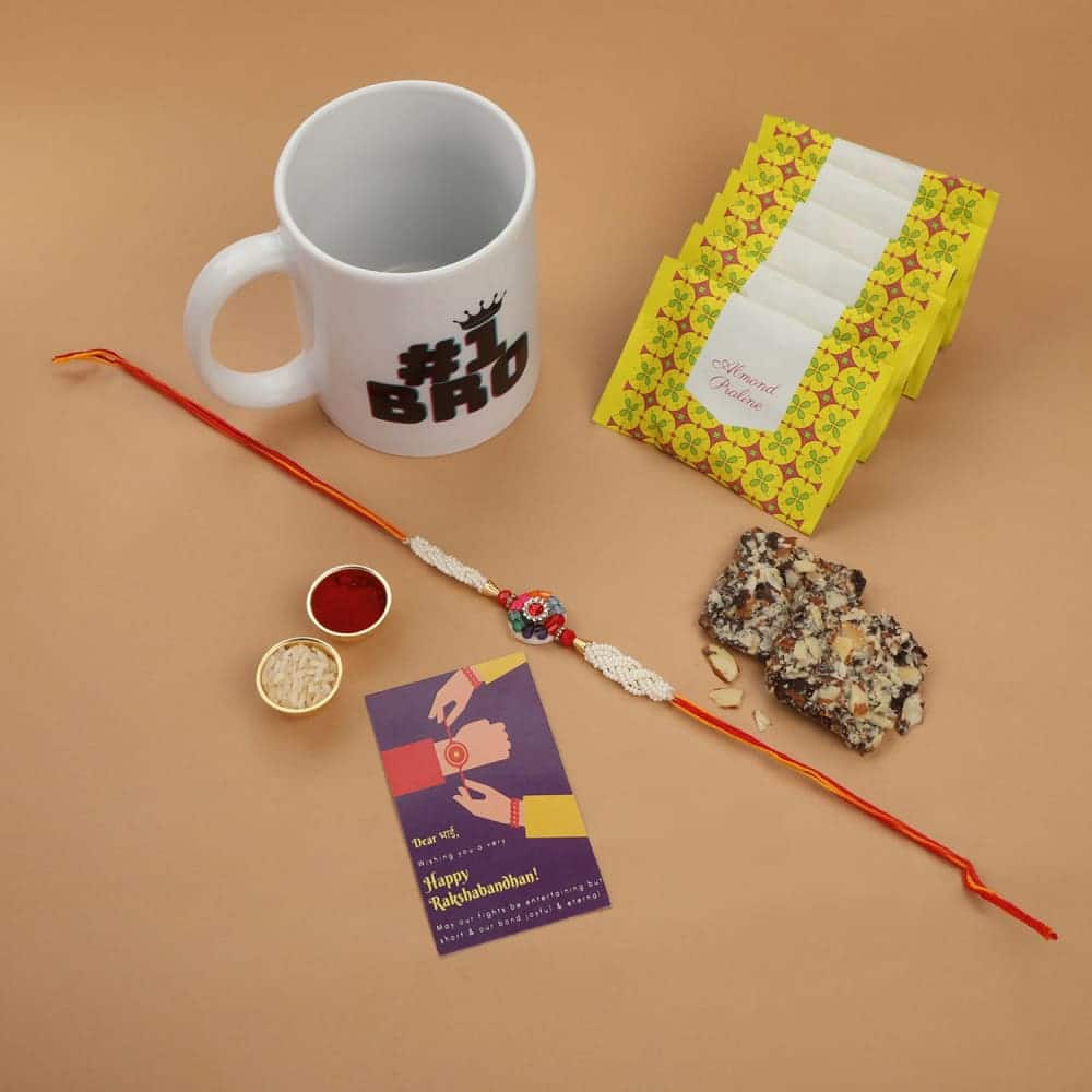 Multicolour Stones & Pearls Rakhi with Greeting Card for