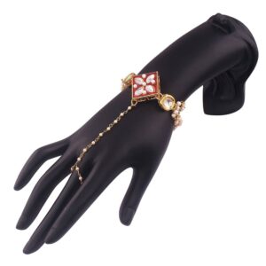 Multistranded Pearl, Kundan and Meenakari Embedded Ring Bracelete Hathphool for Women