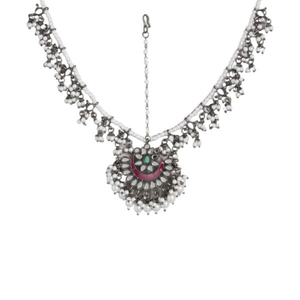 Silver-Plated Oxidised White Embellished With Mirror Kundan