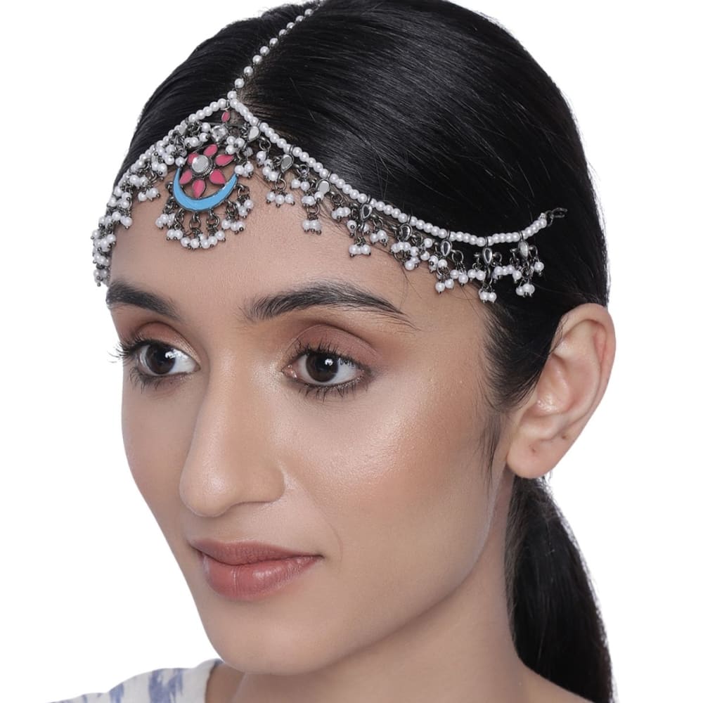 Silver-Plated Oxidised White Embellished With Mirror Kundan
