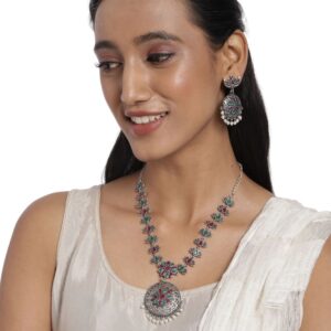 Oxidised Ruby Emerald Studded Long Necklace Set for Women