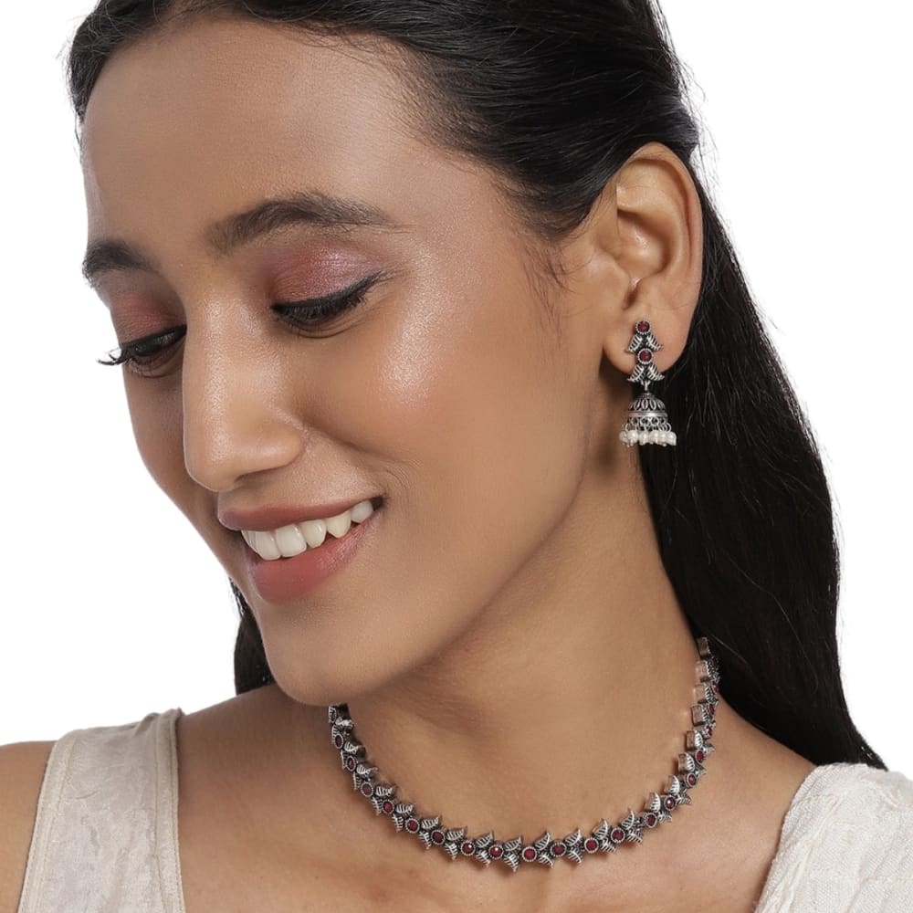 AccessHer Women Silver-Plated & Red Oxidised Stone-Studded
