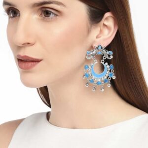 Oxidised silver Blue meenakari Chaandbali earrings