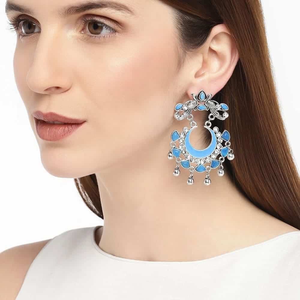 oxidised silver Blue meenakari Chaandbali earrings-