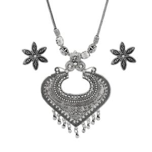 Oxidised Silver Long Tribal Inspired Chain Necklace Set with Stud Earrings for Women