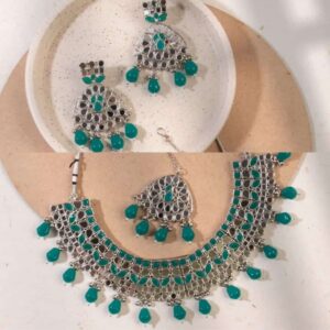 Oxidised Silver Mirror and Emerald Drops Embellished Jewellery Set for women