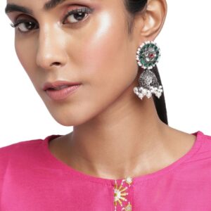 Oxidised Silver Mirror and Emrald embellished Jhumki drop Earrings for women