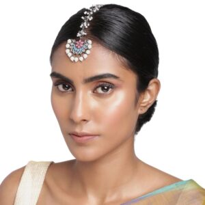 Oxidised Silver Mirror and pearls Embellished Maang Tika for Women