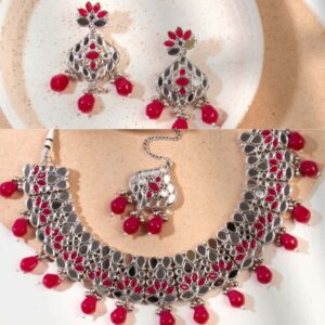 Oxidised Silver Mirror and Ruby Drops Embellished Jewellery Set for Women