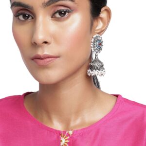 Oxidised Silver Mirror embellished Jhumki drop Earrings for women