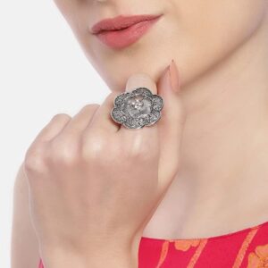 Oxidised Silver Plated Carved Finger Rin g Combo Set of 4  for Women