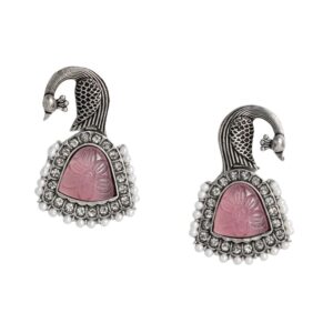 Oxidised Silver Plated Peacock Drop Earrings with Carved Pink Stone for Women