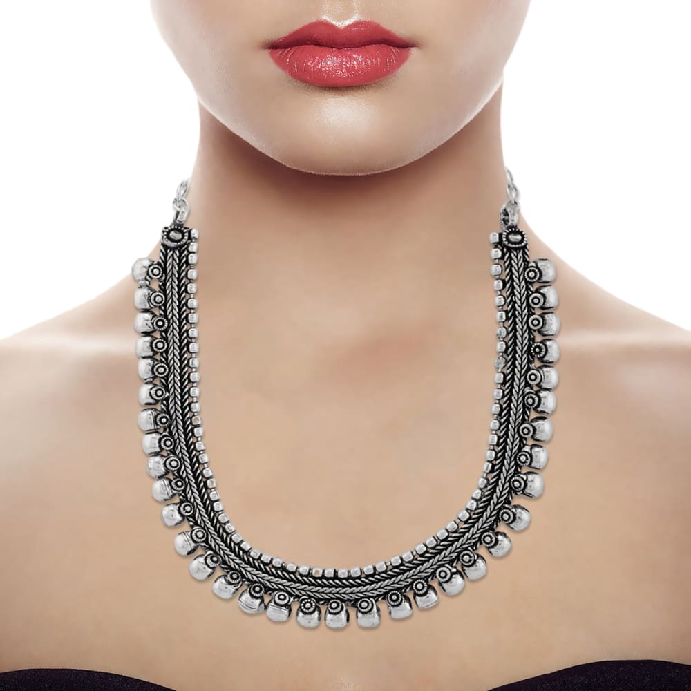 Accessher High Quality Oxidised Silver Necklace Set With
