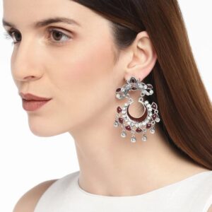 Oxidised silver turquoise meenakari Chaandbali earrings for women